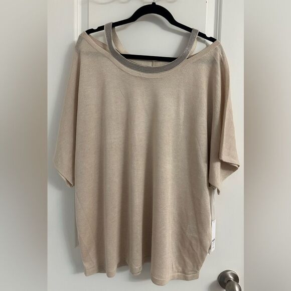 Chico's Cold Shoulder Sweater Metallic Collar Detail Size 4 US XXL Color Beige - Picture 1 of 8